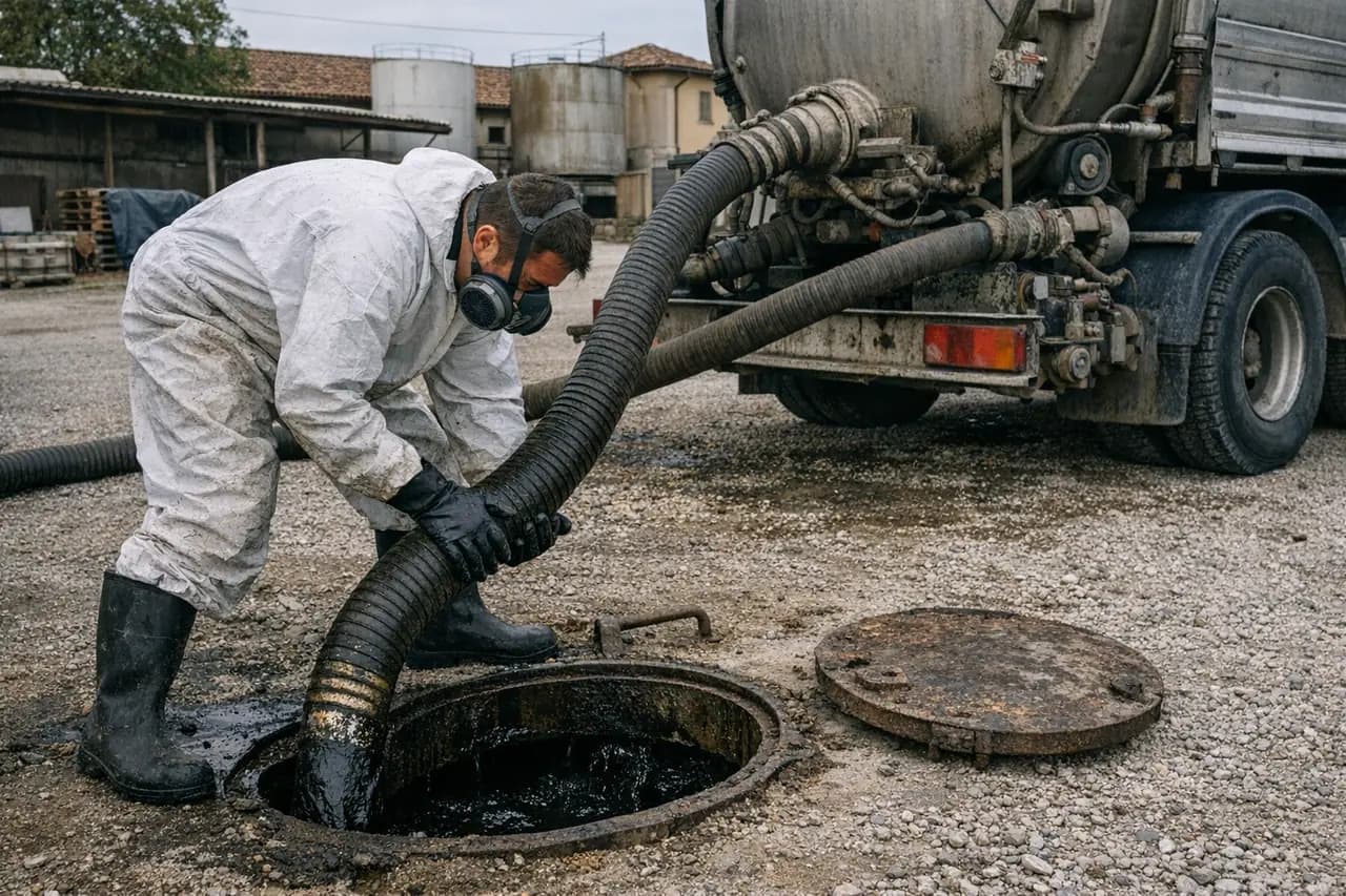 Operatore in tuta protettiva e maschera aspira i fanghi residui da un serbatoio interrato con il canal-jet