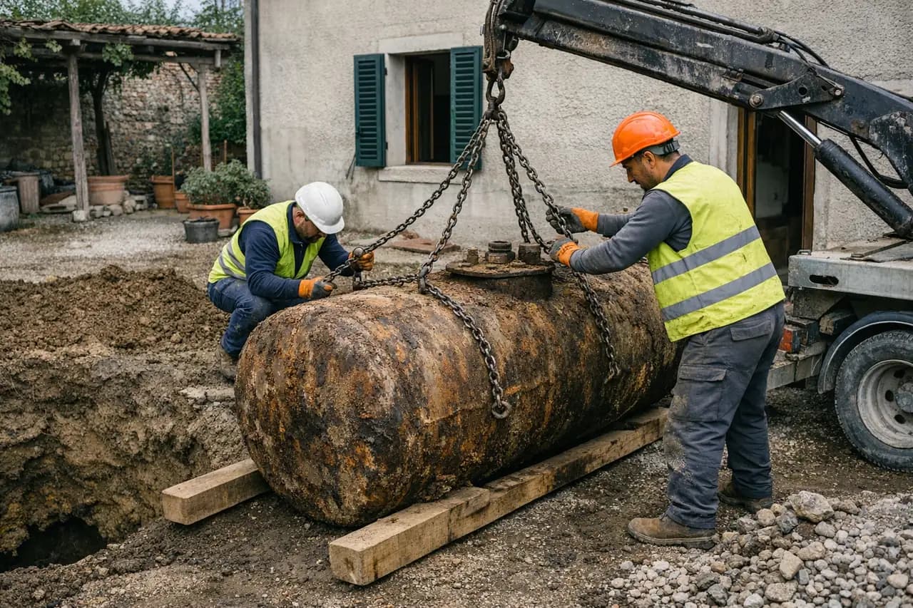 Serbatoio del gasolio appena estratto, appoggiato su travi accanto allo scavo, agganciato con le catene al camion gru