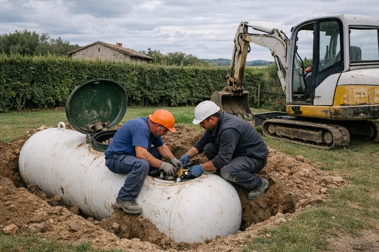 Due tecnici scollegano i raccordi di un serbatoio GPL interrato scoperto in un giardino, con un miniescavatore accanto