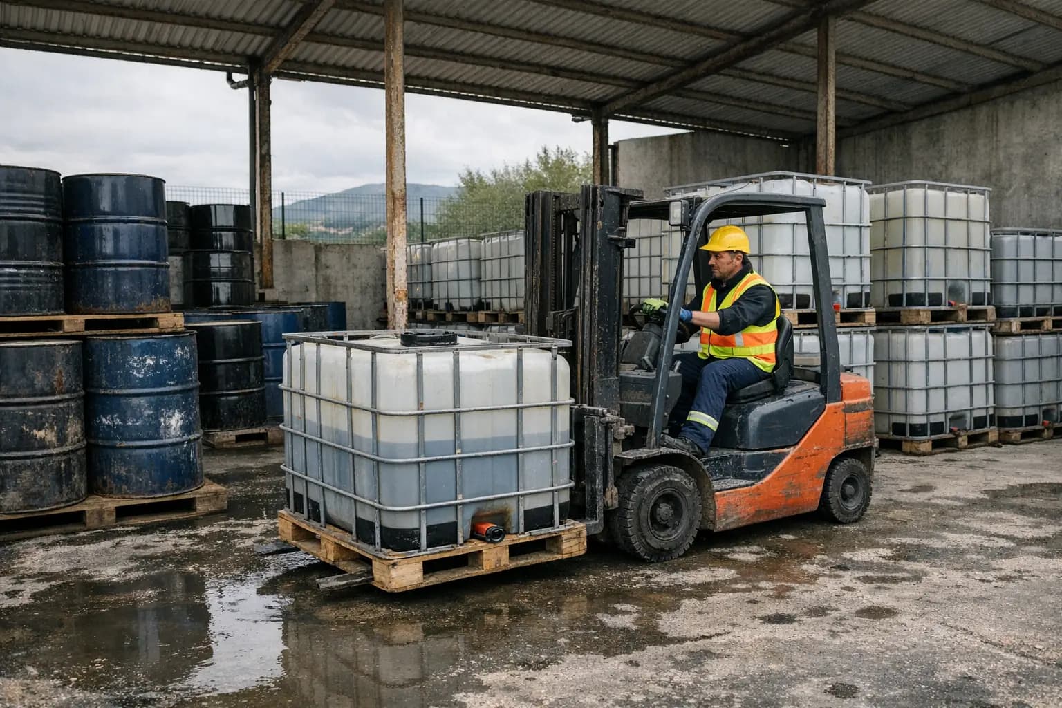 Carrellista sposta una cisternetta su pallet in un deposito coperto di fusti e contenitori di rifiuti
