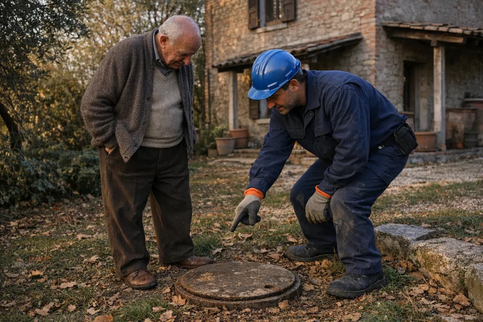 Tecnico indica al proprietario di casa il chiusino di un vecchio serbatoio interrato in giardino