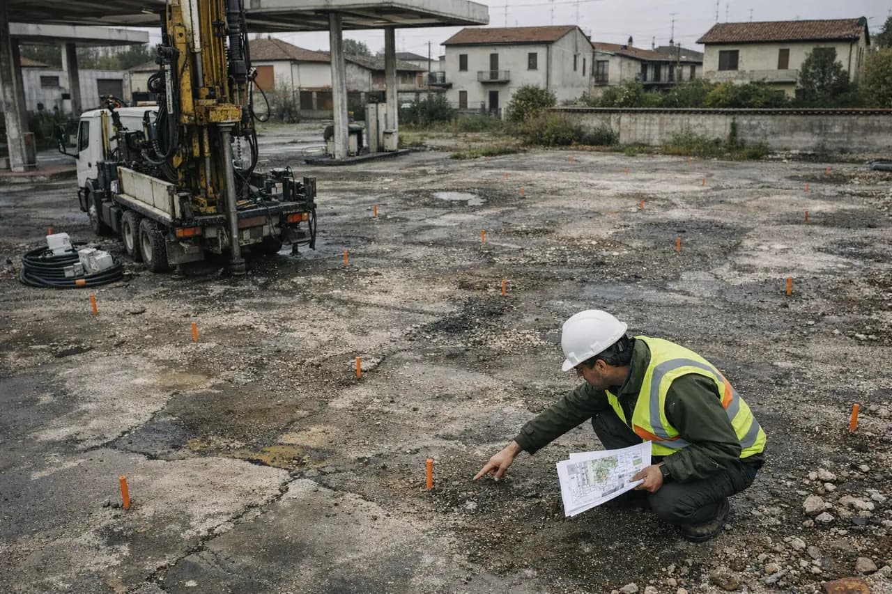 Geologo con la planimetria indica un punto di prelievo fra i picchetti in un ex distributore di carburante