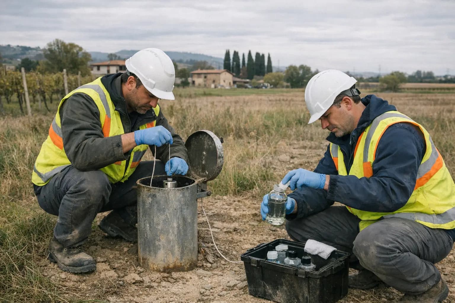 Due tecnici prelevano un campione d'acqua da un piezometro di monitoraggio in un campo