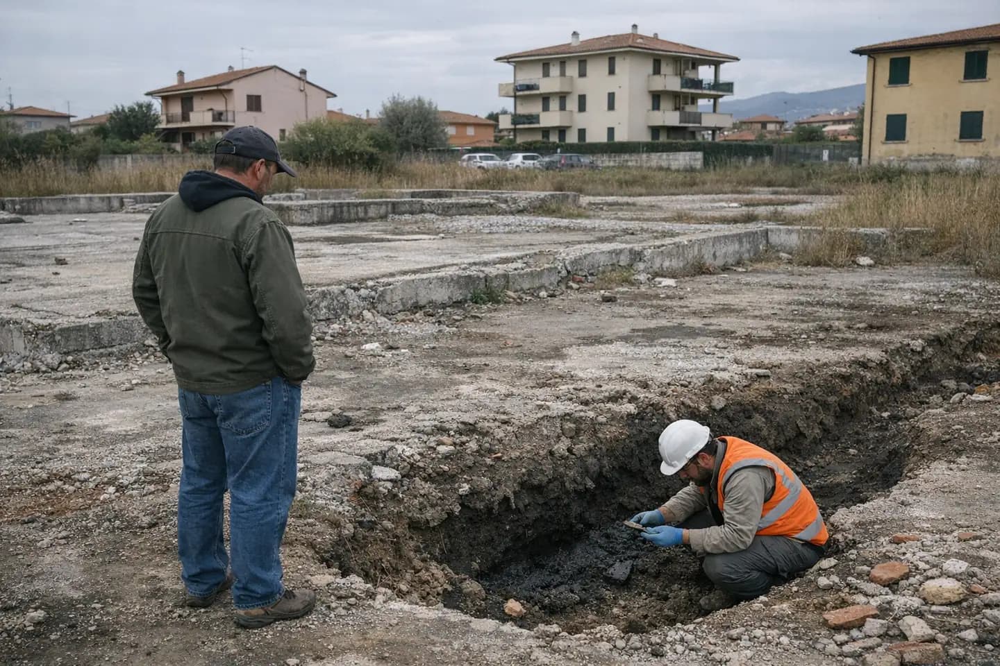 Proprietario di un terreno guarda un geologo che esamina il terreno scuro in una trincea di saggio