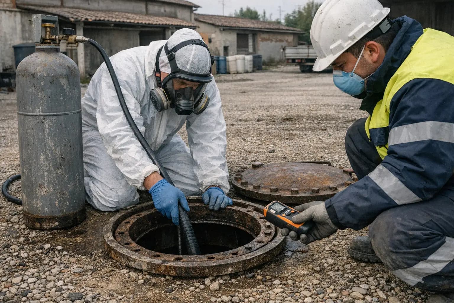 Operatore immette gas inerte nel passo d'uomo di un serbatoio mentre un collega misura con il rilevatore di gas