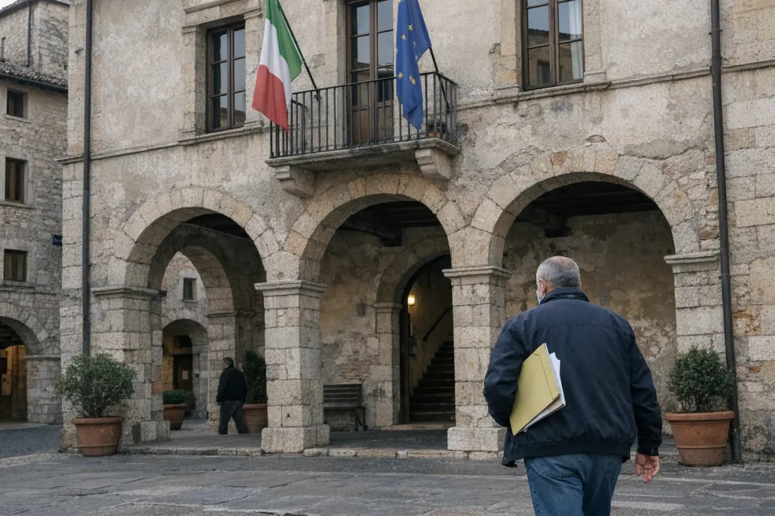 Cittadino con una cartella di documenti si dirige verso il porticato del municipio di un piccolo comune