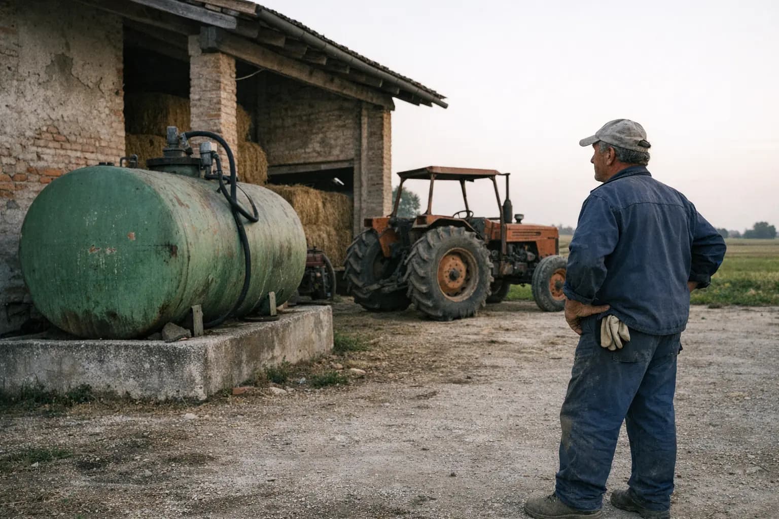 Agricoltore guarda la vecchia cisterna del gasolio agricolo accanto al fienile, con il trattore sullo sfondo